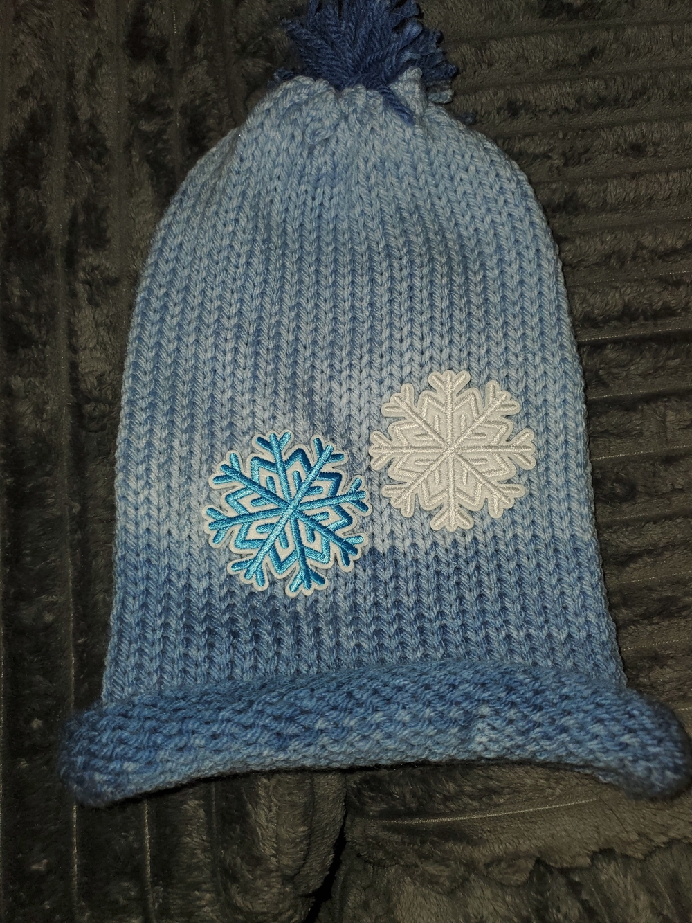 Handmade Kids Blue Knit Pom Pom Hat with Snowflake Accents